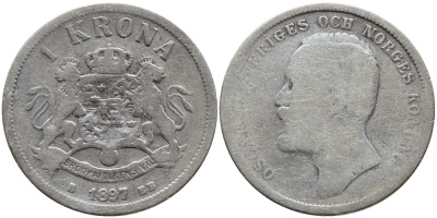 Швеция 1 крона 1897 ЕВ, Оскар II (1872-1907) король Швеции и Норвегии KM 760 серебро 1530-913