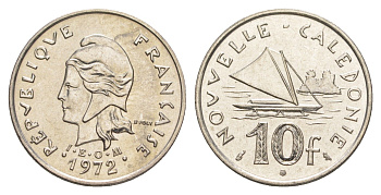 Французская Новая Каледония 10 франков 1972 лодка KM 11 никель UNC 4641-153