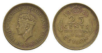 Цейлон 25 центов 1943 KM 115 никель латунь 4625-656