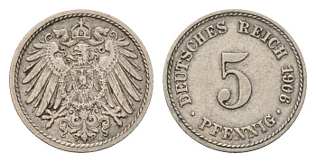 Германия 5 пфеннигов 1906 A, Вильгельм II (1888-1918) KM 11, J. 12 медно-никель 4636-114