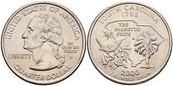 США 25 центов = квотер 2000 D, серия штаты США, Южная Каролина KM 307 медь плакированная медно-никелем 4586-136