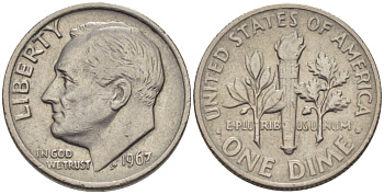 США 10 центов (дайм) 1967 Рузвельт KM 195а медь плакированная медно-никелем 66-449