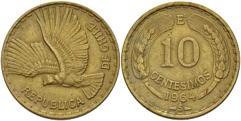 Чили 10 сентесимо 1964 Е KM 191 алюминиевая бронза 180-724