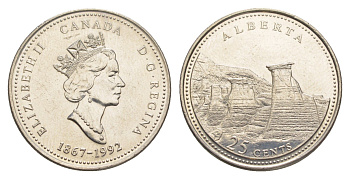 Канада 25 центов 1992 125 лет Конфедерации Канада - Альберта KM 221 никель UNC 4637-912