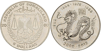 Сомалиленд 5 долларов 2000 год дракона X 4 сталь плакированная никелем UNC 4125-821