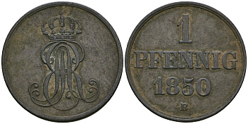 Ганновер 1 пфенниг 1850 B, Эрнст Август (1837-1851) KM 201.1, AKS 129, J. 74 медь 4608-1055