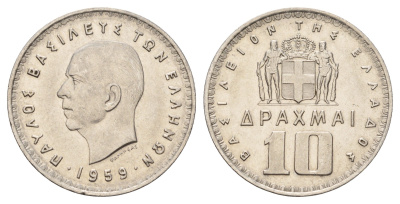 Греция 10 драхм 1959 KM 84 никель UNC 4667-814