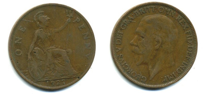 Великобритания 1 пенни 1927 Георг V (1910-1936) КМ 826, Spink 4054 бронза 41-931