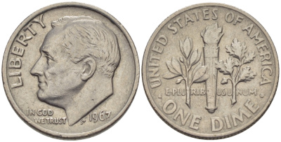 США 10 центов (дайм) 1967 Рузвельт KM 195а медь плакированная медно-никелем 66-449