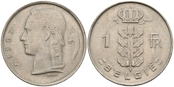 Бельгия 1 франк 1967 Belgie KM 143 медно-никель 4152-428