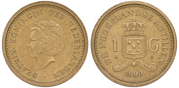 Нидерландские Антилы 1 гульден 1990 Беатрикс (1980-2013) KM 37 позолоченная сталь 25-1946