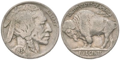 США 5 центов 1937 индеец, бизон KM 134 медно-никель 4614-1268