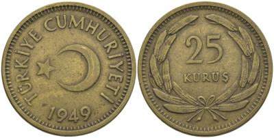 ТУРЦИЯ 25 КУРУШЕЙ 1949 KM 886 латунь 83-1821