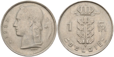 Бельгия 1 франк 1967 Belgie KM 143 медно-никель 4152-428