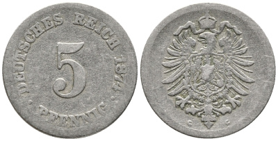 ГЕРМАНИЯ 5 ПФЕННИГОВ 1874 G, СТАРОГЕРБОВКА KM 3, J. 3 медно-никель 39-315