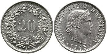 ШВЕЙЦАРИЯ 20 РАППЕНОВ 1965 В KM 29а медно-никель 4529-737