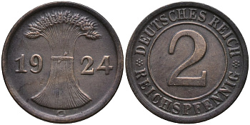 Германия 2 рейхспфеннига 1924 G KM 38 бронза 66-732