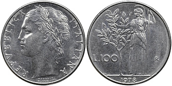 Италия 100 лир 1978 R, Афина в доспехах KM 96.1 нержавеющая сталь 4165-224