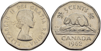 Канада 5 центов 1962 Елизавета II (1952-2022), бобер KM 50а никель 67-524
