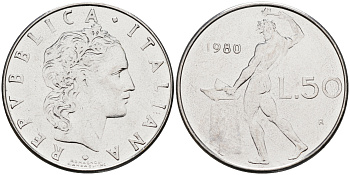 Италия 50 лир 1980 R, бог огня Вулкан у наковальни KM 95.1 нержавеющая сталь 4116-354