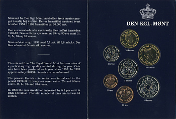 Дания набор из 7 монет 1999 Маргрете II, официальный набор в картонном буклете, тираж 30000 экз. BUNC 2-6-3-14