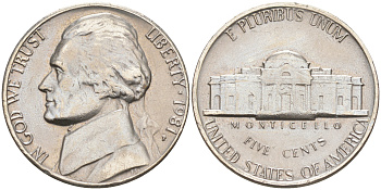 США 5 ЦЕНТОВ 1981 P, ДЖЕФФЕРСОН KM A192 медно-никель 190-132