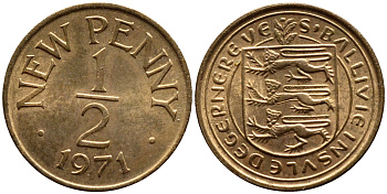 Гернси 1/2 пенни 1971 Елизавета II (1952-2022), герб KM 20 бронза UNC 53-221