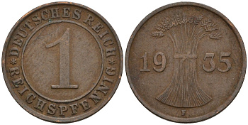 Германия 1 рейхспфенниг 1935 F KM 37, J. 313 бронза 4124-849