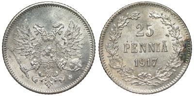 Россия для Финляндии 25 пенни 1917 S, временное правительство, без короны KM 19, Биткин 2 серебро аUNC 71-135