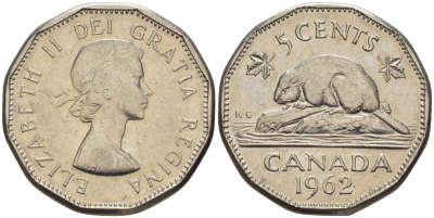 Канада 5 центов 1962 Елизавета II (1952-2022), бобер KM 50а никель 67-524