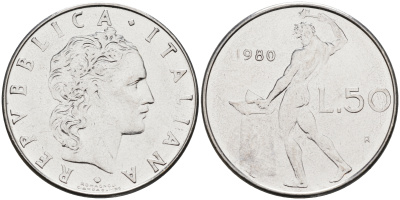 Италия 50 лир 1980 R, бог огня Вулкан у наковальни KM 95.1 нержавеющая сталь 4116-354