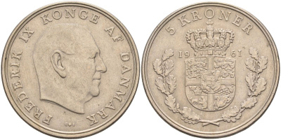 Дания 5 крон 1961 Фредерик IX (1947-1972) KM 853.1 медно-никель 4368-432