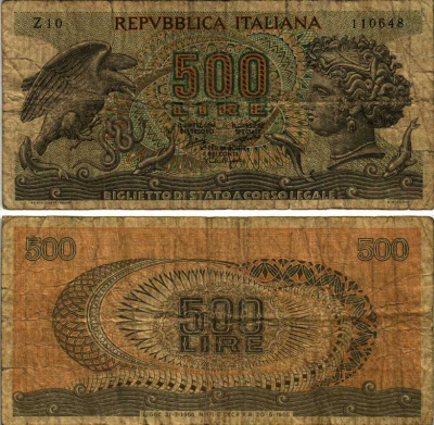 Италия 500 лир 1966 20 июня 1966 Pick 93а бумага 7222-32-3-1