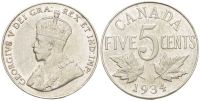 КАНАДА 5 ЦЕНТОВ 1934 ГЕОРГ V KM 29 никель 4448-924
