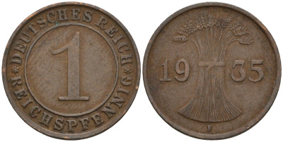 Германия 1 рейхспфенниг 1935 F KM 37, J. 313 бронза 4124-849
