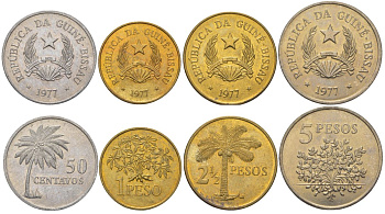 Гвинея-Бисау годовой набор из 4 монет ( 50 сантимов; 1, 2 1/2 и 5 песо) 1977 KM 17, 18, 19 и 20 алюминиевая бронза UNC 4626-541-544