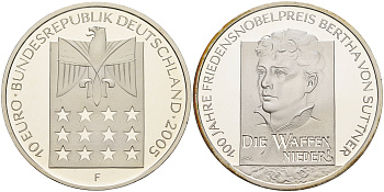 ФРГ 10 евро 2005 F, 100 лет со дня рождения Берты фон Зутнер, лауреат Нобелевской премии KM 242, DE.S. 10.23 серебро PROOF 1076-3-61