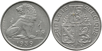 БЕЛЬГИЯ 1 ФРАНК 1939 BELGIE-BELGIQUE KM 120 никель 4385-833