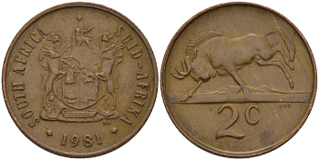 ЮАР 2 цента 1981 герб, антилопа гну KM 83 бронза 67-343