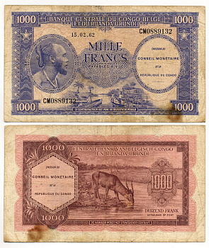 БЕЛЬГИЙСКОЕ КОНГО 1000 ФРАНКОВ 1962 РУАНДА-БУРУНДИ, АНТИЛОПА Pick 2a бумага 451-364-1