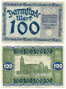 Германия, Дармштадт 100 марок 1922 1 октября 1922, нотгельд, земля Гессен, номер, снежинка, голубая, слабо пропечатана Muller 965.1d  бумага  VF+ 8613-33-2-2