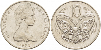 Новая Зеландия 10 центов 1974 Елизавета II (1952-2022), маска маори KM 41.1 медно-никель 3851-1247
