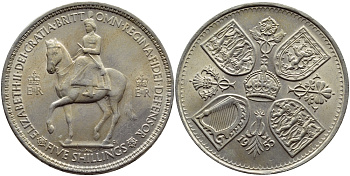Великобритания 1 крона (5 шиллингов) 1953 коронация королевы Елизаветы, Елизавета II (1952-2022) Елизаветы KM 894, Spink 4136 медно-никель UNC 36-623