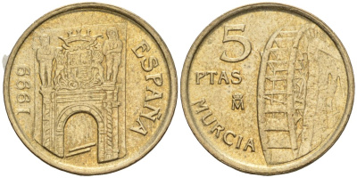 Испания 5 песет 1999 Хуан Карлос I (1975-2014), Мурсия KM 1008 алюминиевая бронза 4608-328