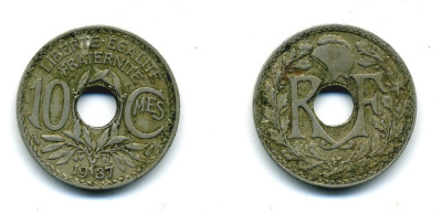 ФРАНЦИЯ 10 САНТИМОВ 1937 ТИП ЛИНДАЙЁ KM 866а медно-никель 84-348