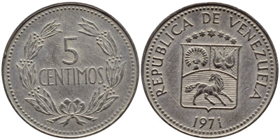 Венесуэла 5 сентимо 1971 KM 38.3 медно-никель 4392-926