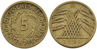 Германия 5 рентенпфеннигов 1924 A KM 32, J. 308 алюминиевая бронза 4151-654