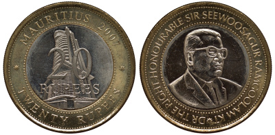 Маврикий 20 рупий 2007 40 лет Центральному банку Маврикия KM 66 биметалл UNC M22-09