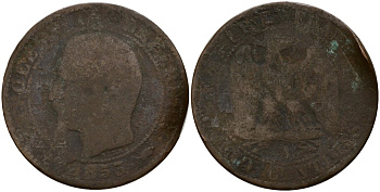 Франция 5 сантимов 1855 A, Наполеон III (1852-1870) KM 777.1, Le Franc 116.16 бронза 4187-1024