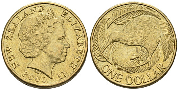 Новая Зеландия 1 доллар 2000 Елизавета II (1952-2022), птица киви  KM 120 алюминиевая бронза 29-812